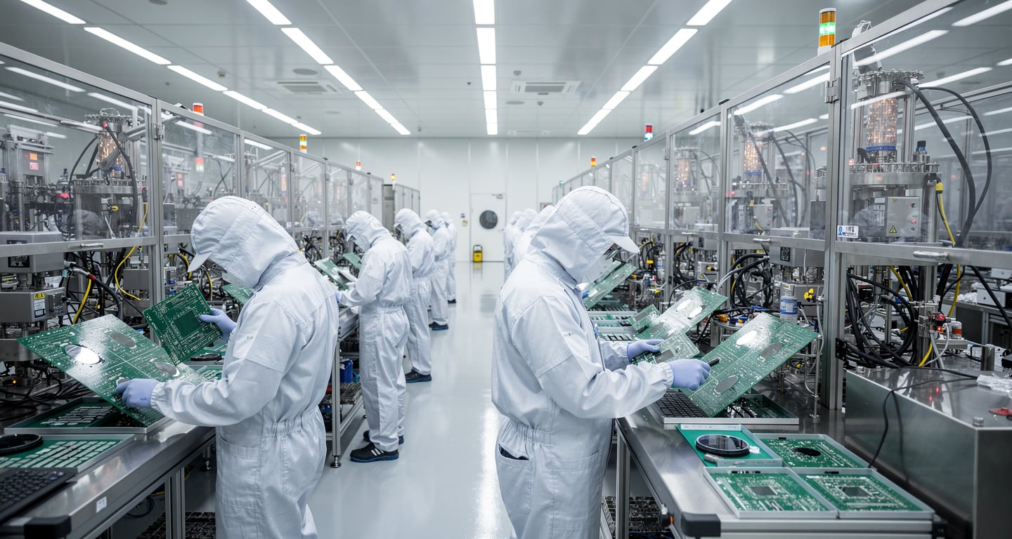 Semiconductor fabrication facility with engineers in cleanroom suits examining circuit boards