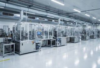 Modern semiconductor manufacturing facility interior, Johor Malaysia, precision equipment and cooling systems