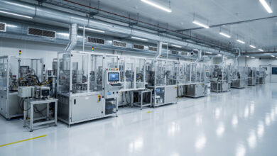 Modern semiconductor manufacturing facility interior, Johor Malaysia, precision equipment and cooling systems