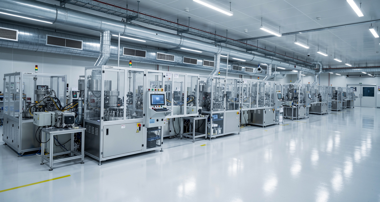 Modern semiconductor manufacturing facility interior, Johor Malaysia, precision equipment and cooling systems