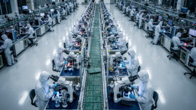 Semiconductor manufacturing floor with precision machinery and cleanroom workers, overhead view, Taiwan