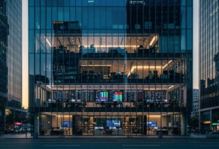 Seoul financial district towers at dawn with trading floor lights, South Korea