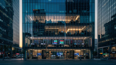 Seoul financial district towers at dawn with trading floor lights, South Korea