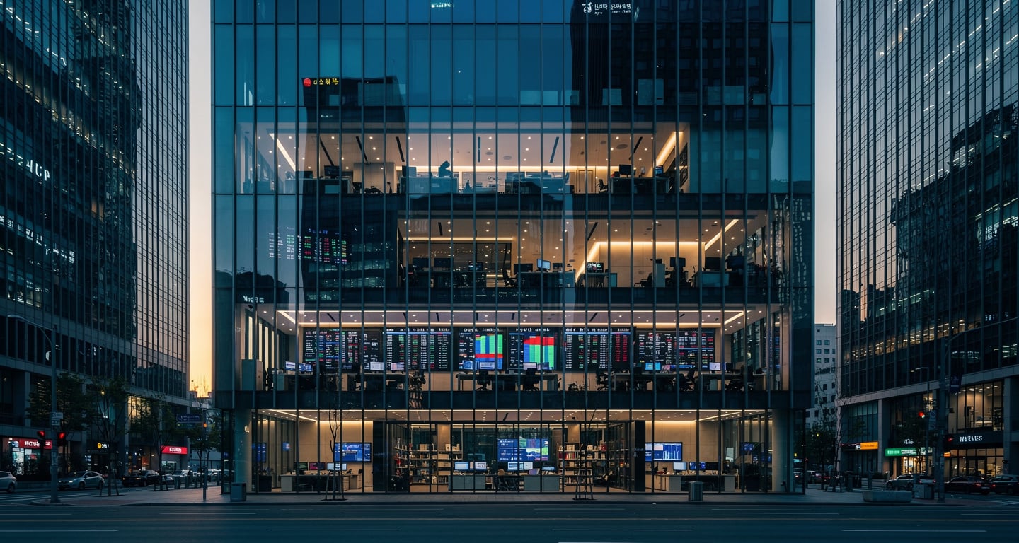 Seoul financial district towers at dawn with trading floor lights, South Korea