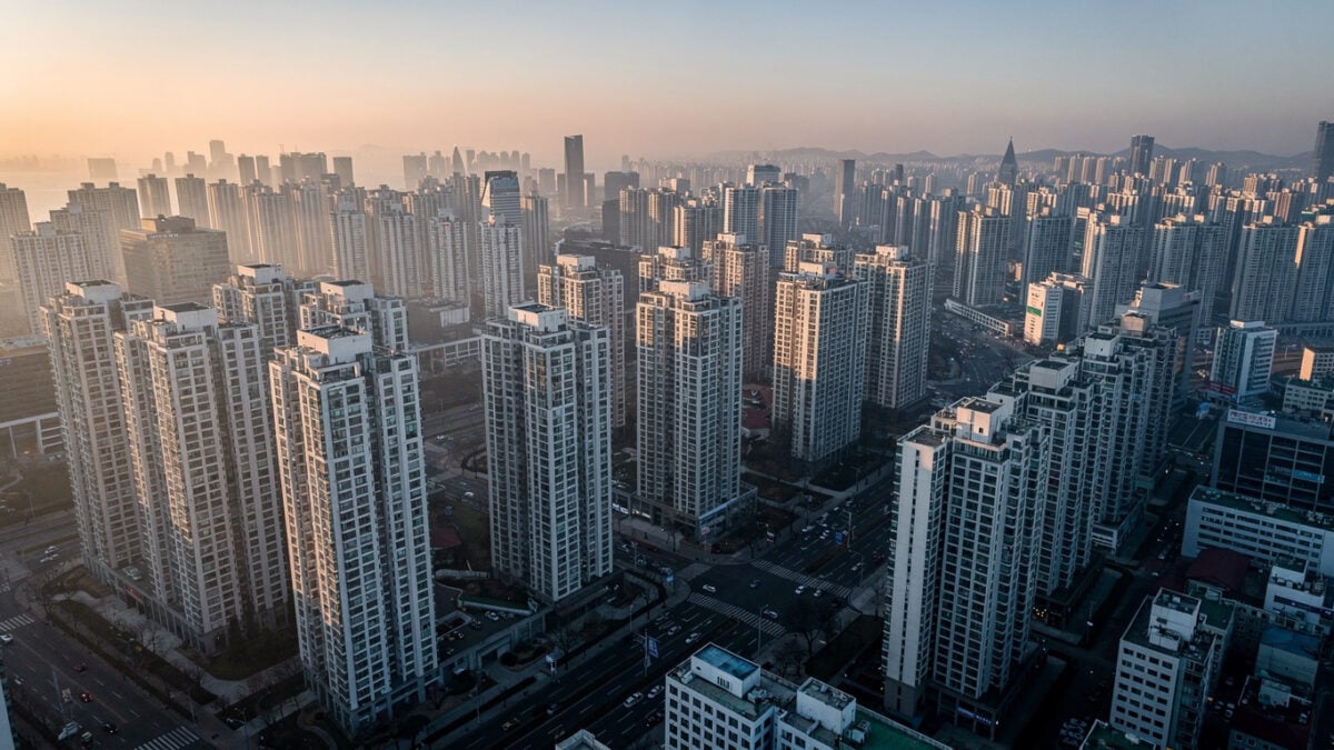 Seoul residential towers at dusk, aerial view of dense apartment buildings