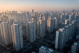 Seoul residential towers at dusk, aerial view of dense apartment buildings