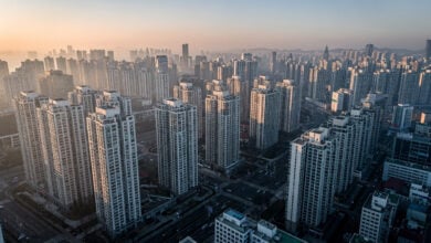Seoul residential towers at dusk, aerial view of dense apartment buildings