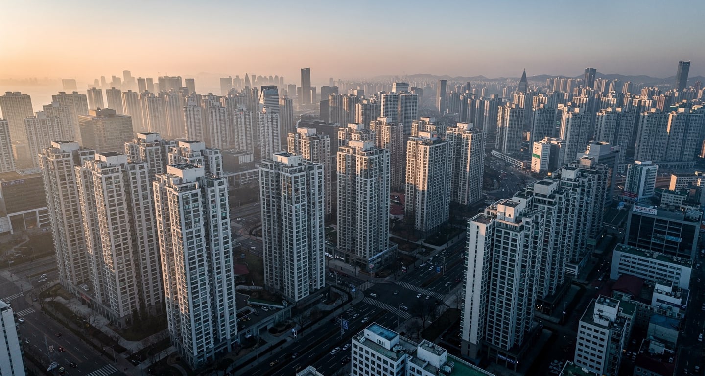 Seoul residential towers at dusk, aerial view of dense apartment buildings