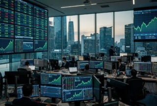 Seoul and Tokyo trading floors at dawn with semiconductor stock charts on screens, financial district skyline