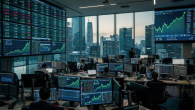 Seoul and Tokyo trading floors at dawn with semiconductor stock charts on screens, financial district skyline