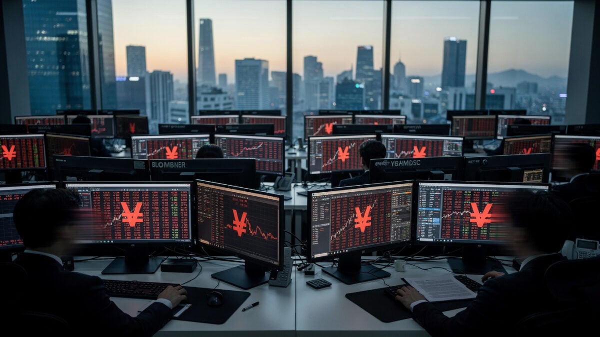 Seoul trading floor at dawn with red market data on Bloomberg terminals, Korean financial district