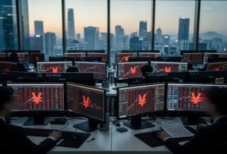 Seoul trading floor at dawn with red market data on Bloomberg terminals, Korean financial district