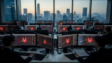 Seoul trading floor at dawn with red market data on Bloomberg terminals, Korean financial district