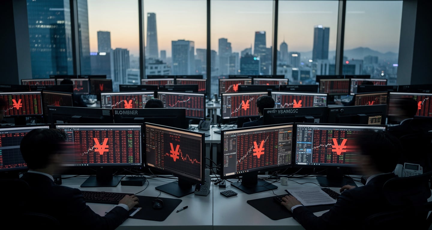 Seoul trading floor at dawn with red market data on Bloomberg terminals, Korean financial district