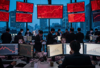 Seoul trading floor at dawn with red market indices on screens, financial tension
