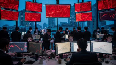 Seoul trading floor at dawn with red market indices on screens, financial tension