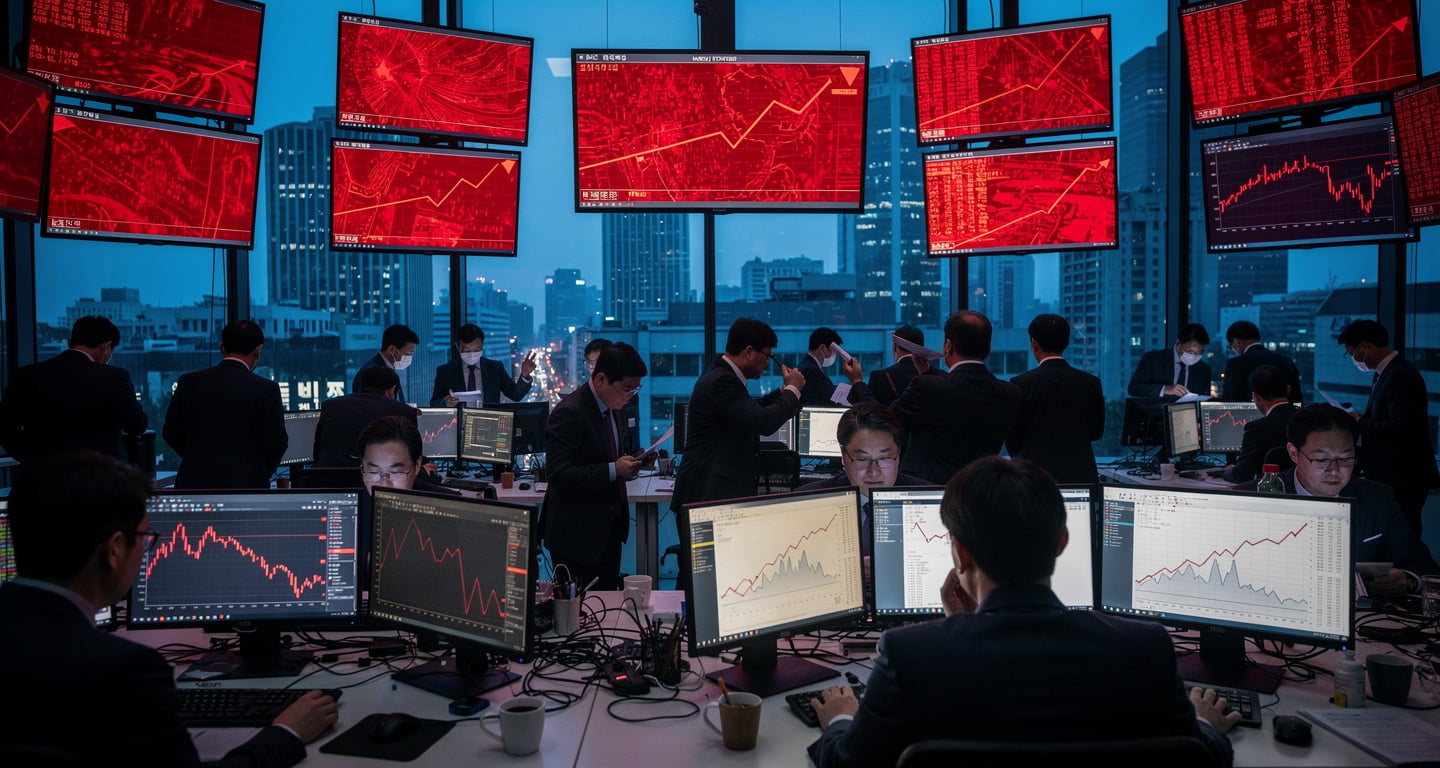Seoul trading floor at dawn with red market indices on screens, financial tension