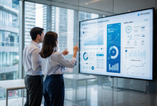 Singapore financial district office with professionals reviewing AI governance dashboards