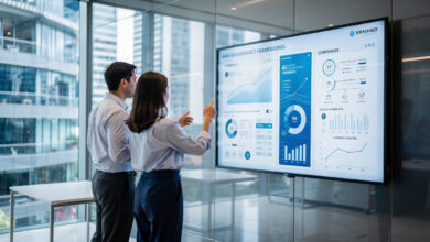 Singapore financial district office with professionals reviewing AI governance dashboards