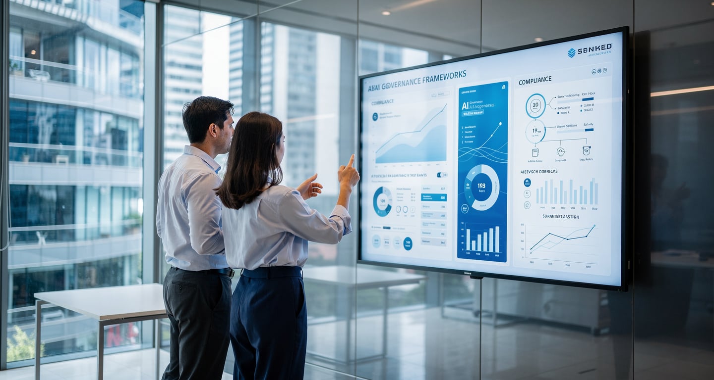Singapore financial district office with professionals reviewing AI governance dashboards
