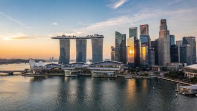 Singapore financial district skyline at dusk with modern glass towers and Marina Bay