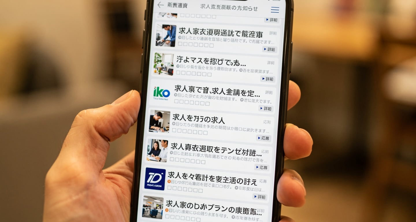 Smartphone screen displaying job recruitment posts in Japanese, close-up detail