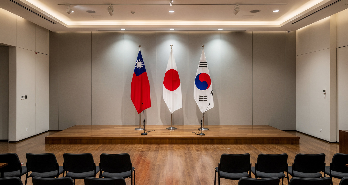 Taipei conference hall stage with Taiwan, Japan, South Korea flags displayed