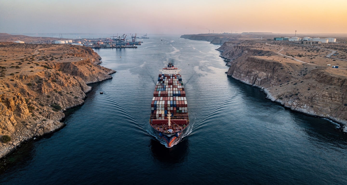 Tanker ship transiting narrow Strait of Hormuz waterway at dawn