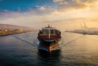 Tanker ship transiting narrow Strait of Hormuz at dawn between Iran and Oman