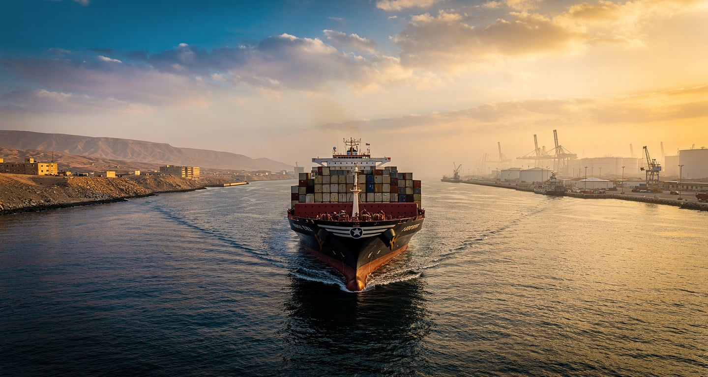 Tanker ship transiting narrow Strait of Hormuz at dawn between Iran and Oman