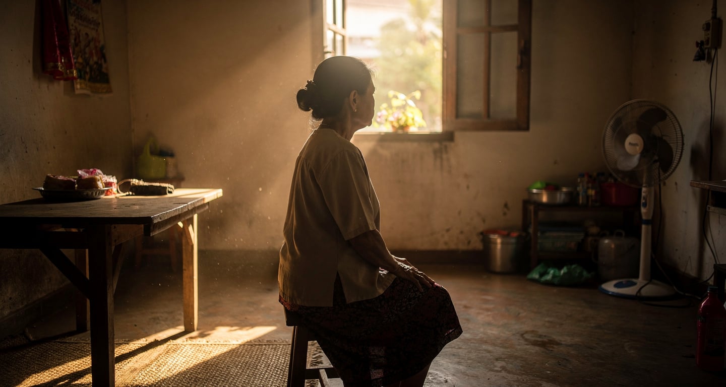 Thai woman in home interior, soft natural light, contemplative expression