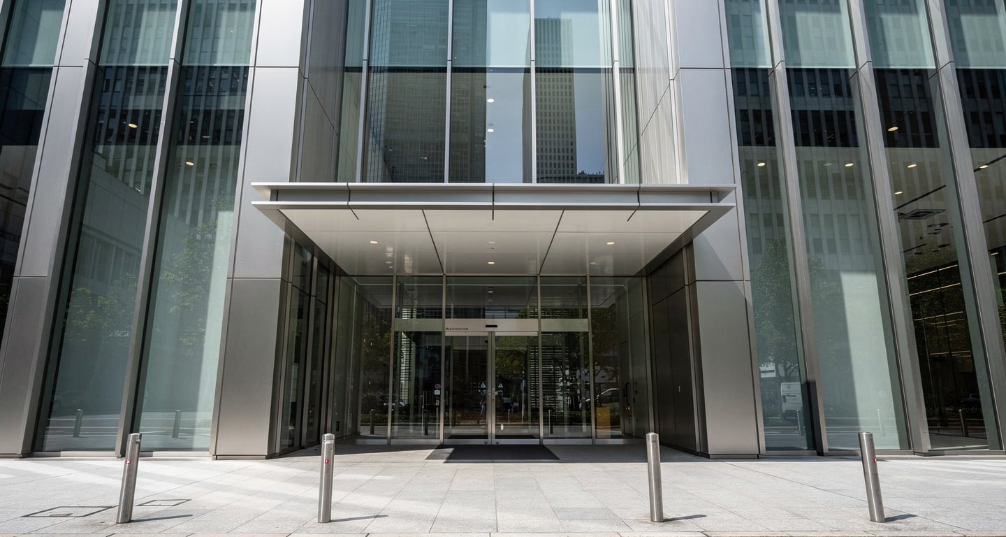Tokyo business district office building with modern glass entrance