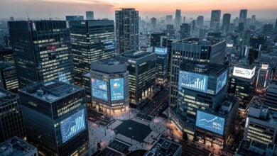 Tokyo financial district with cryptocurrency tax rate displays on digital screens
