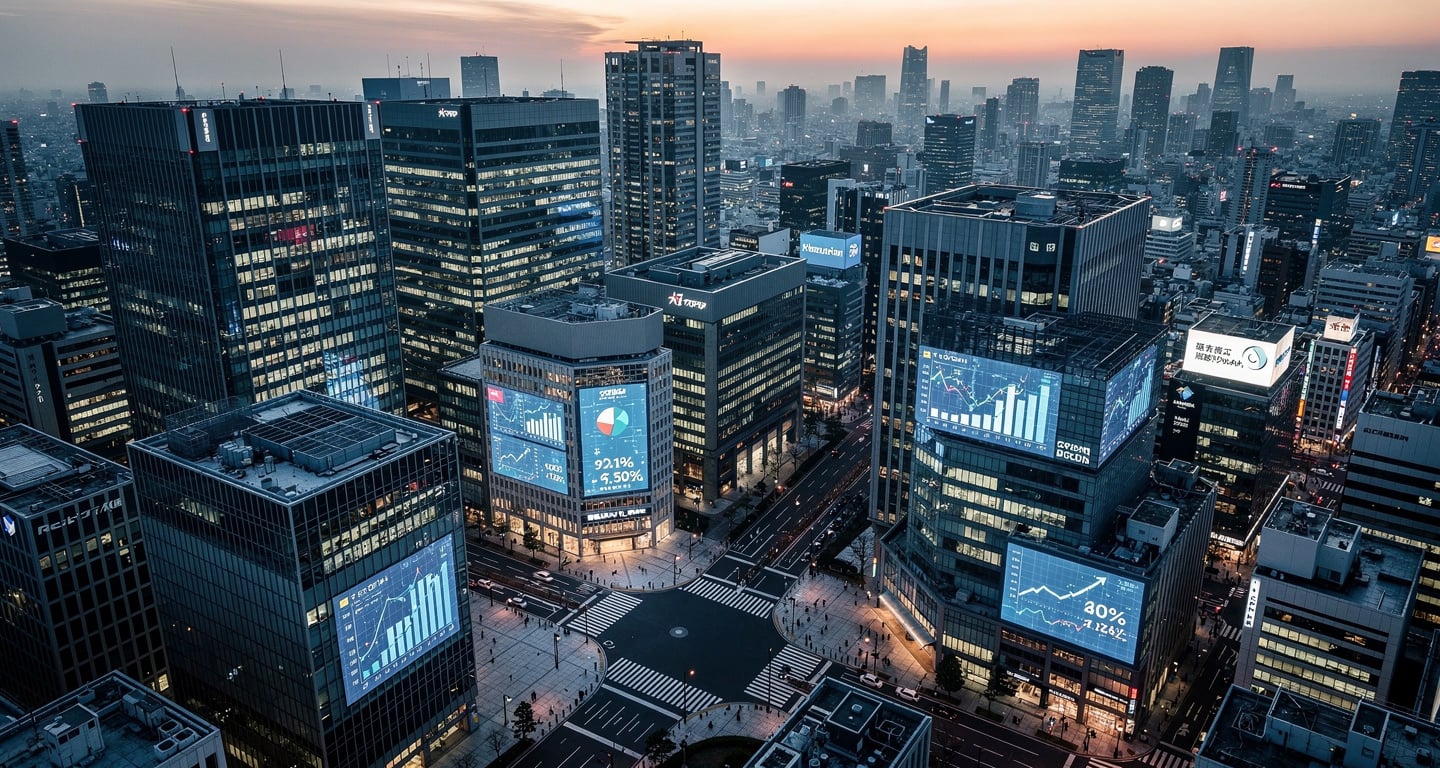 Tokyo financial district with cryptocurrency tax rate displays on digital screens