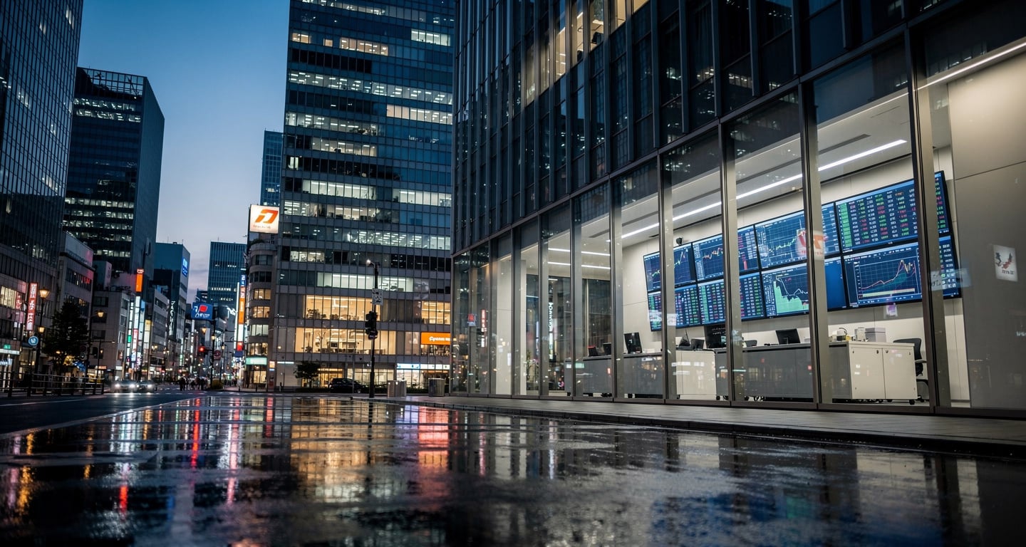 Tokyo financial district at dusk with currency trading screens visible through office windows