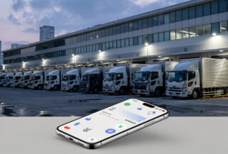 Tokyo logistics distribution center with delivery trucks and digital payment interface