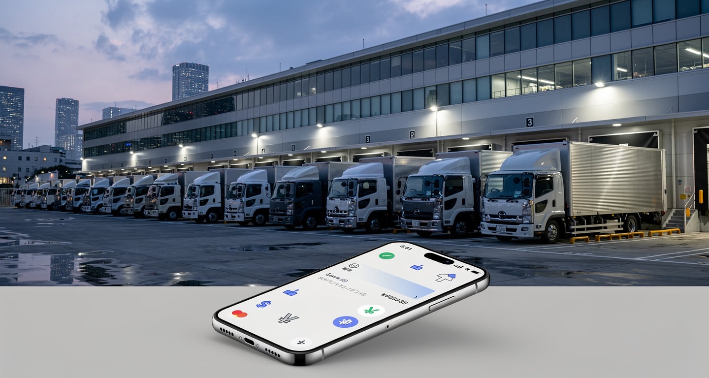 Tokyo logistics distribution center with delivery trucks and digital payment interface