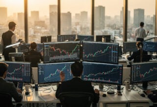 Tokyo trading floor with bond yield and oil price charts displayed, morning light
