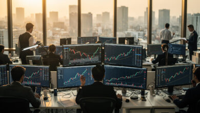 Tokyo trading floor with bond yield and oil price charts displayed, morning light