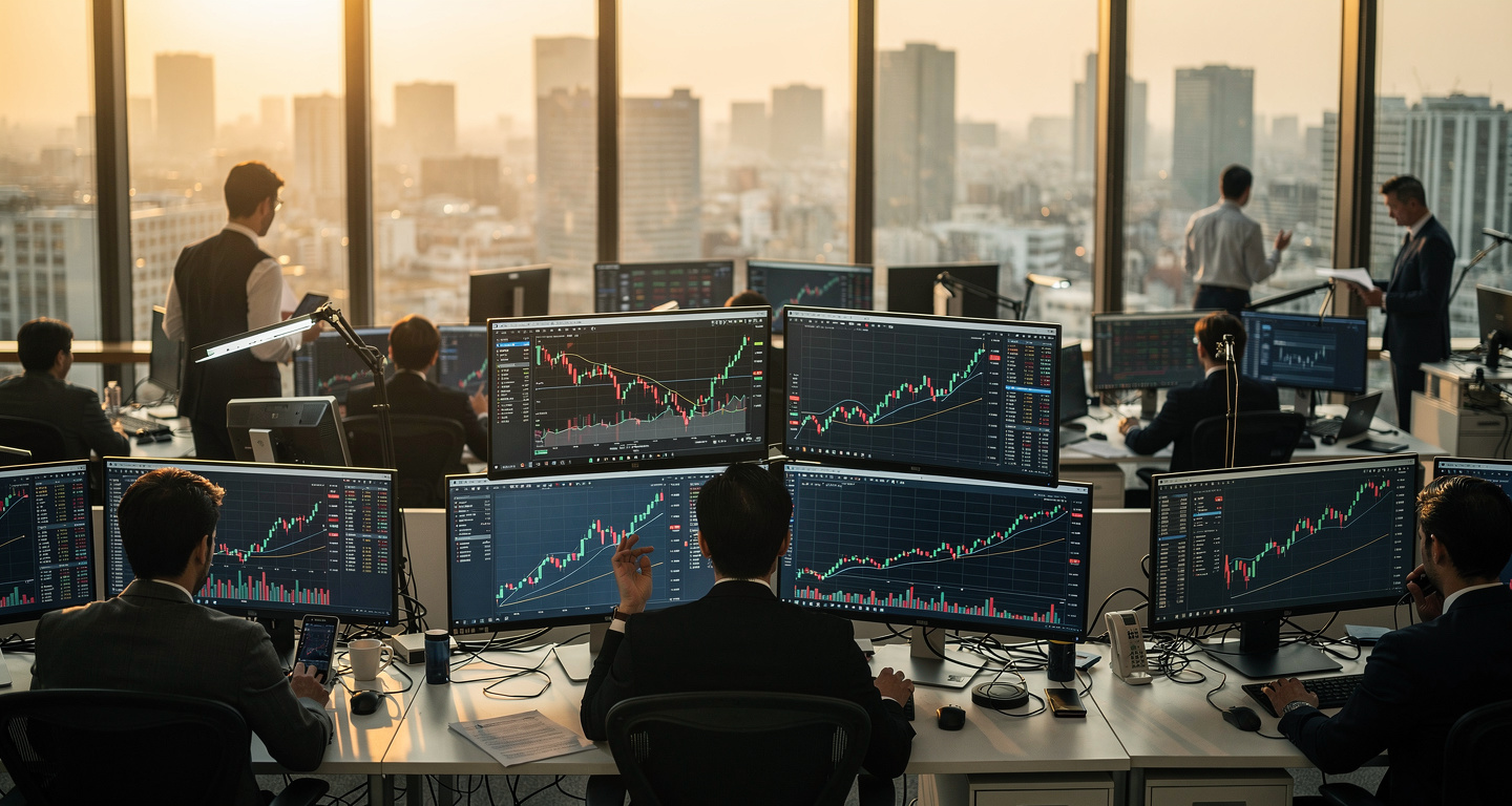 Tokyo trading floor with bond yield and oil price charts displayed, morning light