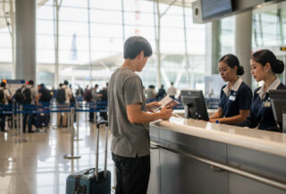 Traveller at airport check-in counter with passport, Bangkok immigration queue visible