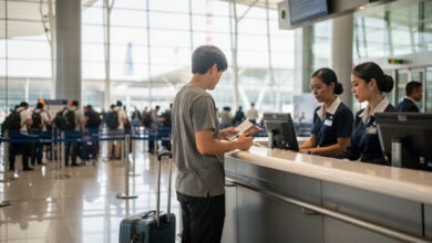Traveller at airport check-in counter with passport, Bangkok immigration queue visible
