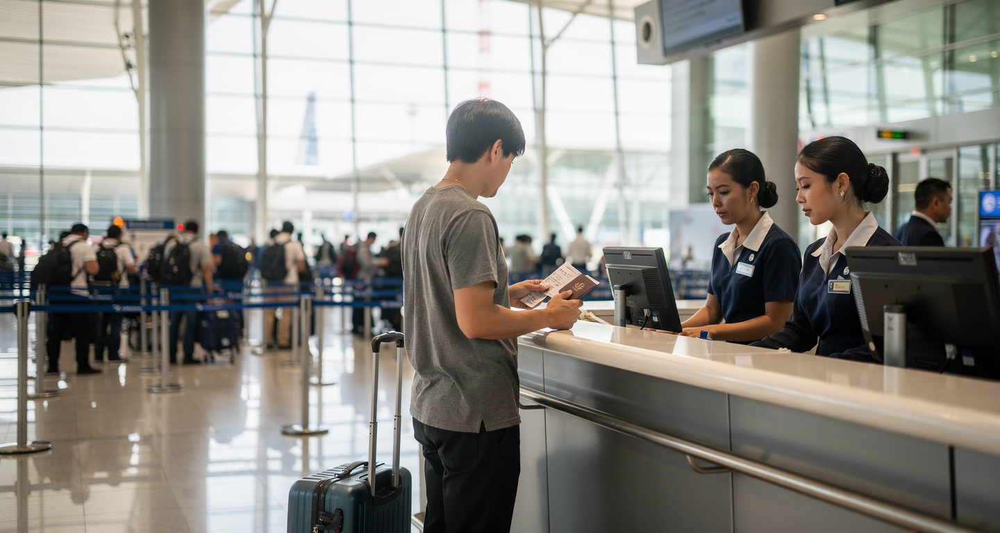 Traveller at airport check-in counter with passport, Bangkok immigration queue visible
