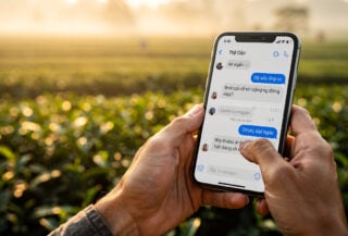 Vietnamese farmer using Gemini AI on smartphone in rural Lao Cai province