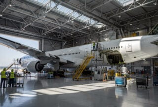 Wide-body 777 freighter in conversion hangar, Qingdao Jiaodong International Airport, China