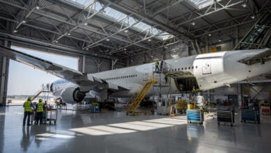 Wide-body 777 freighter in conversion hangar, Qingdao Jiaodong International Airport, China