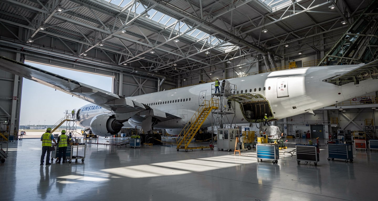 Wide-body 777 freighter in conversion hangar, Qingdao Jiaodong International Airport, China