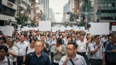 Workers protesting at street rally in Asian city, demanding wage increases