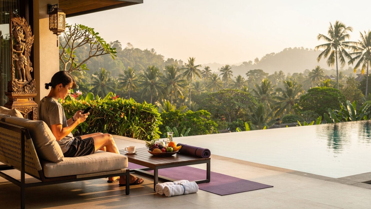 Young traveler planning trip on phone at luxury resort terrace, tropical landscape, Bali