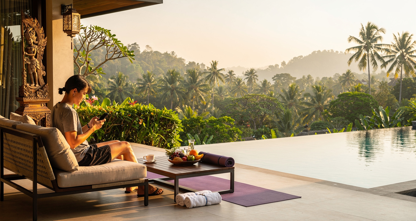 Young traveler planning trip on phone at luxury resort terrace, tropical landscape, Bali